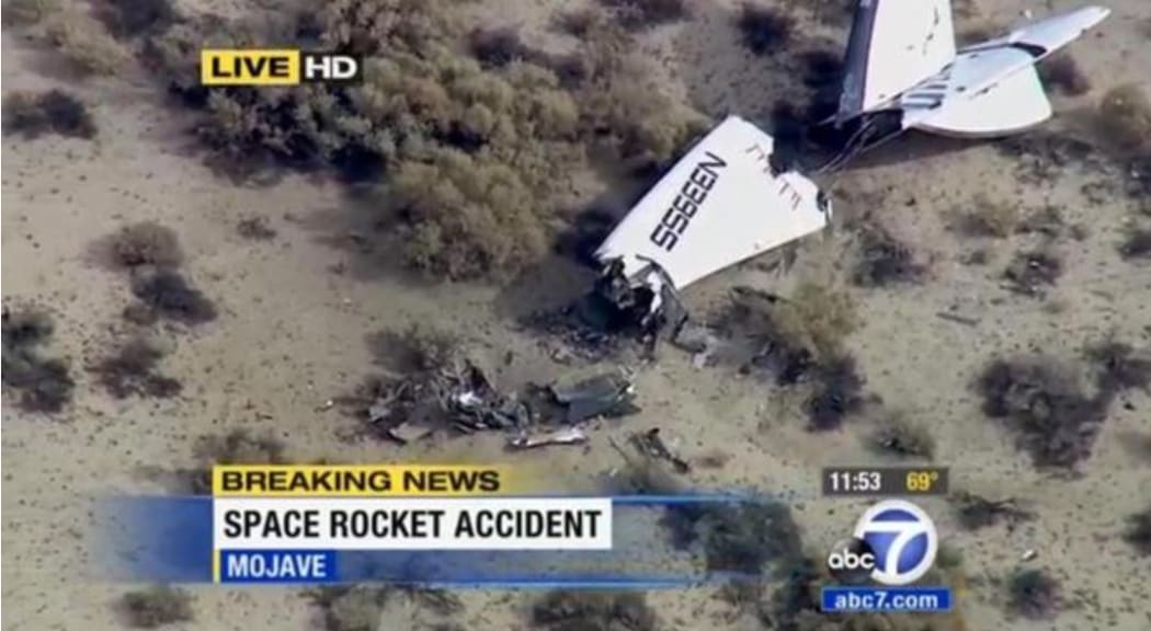 A clip from KABC News shows the wreckage of Virgin Galactic's SpaceShipTwo in the desert east of Mojave.