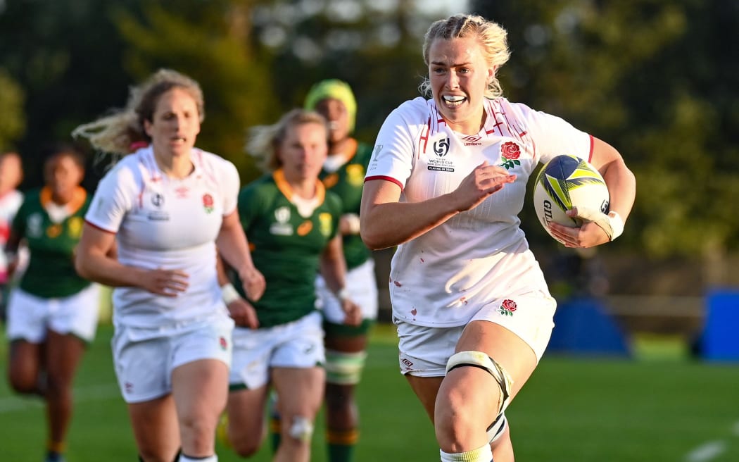 Rosie Galligan of England scored a hat-trick of tries against South Africa in their Women's Rugby World pool match in Auckland.
