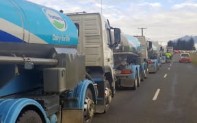 Fonterra milk tankers prepare to roll along Kaikōura's only access road.