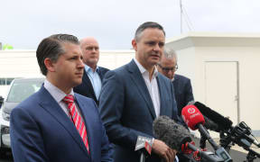 Michael Wood and James Shaw at EV policy announcement in Auckland