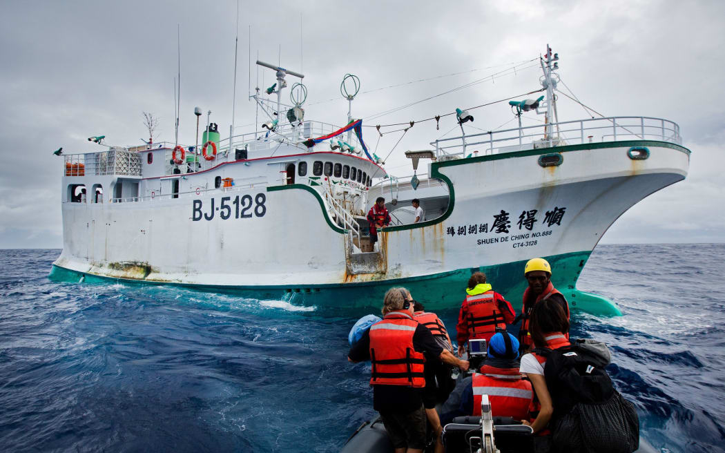 Greenpeace activists prepare to board illegal fishing vessel Shuen De Ching No 888. The Rainbow Warrior travels in the Pacific to expose out of control tuna fisheries. Tuna fishing has been linked to shark finning, overfishing and human rights abuses.
9 Sep, 2015