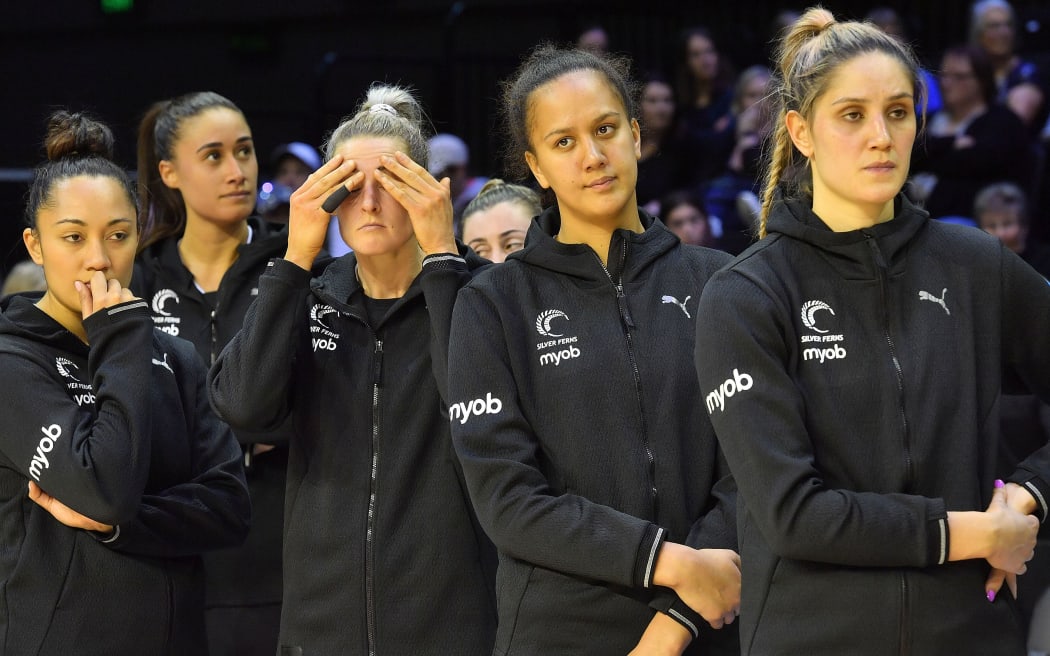 A dejected Silver Ferns side in the wake of their fourth test loss to Australia in the Constellation Cup.