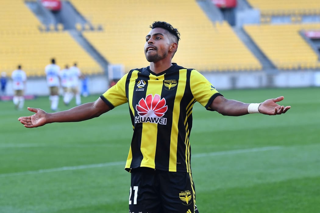 Roy Krishna celebrates his goal against the Newcastle Jets, which made him the club's joint all-time leading scorer.