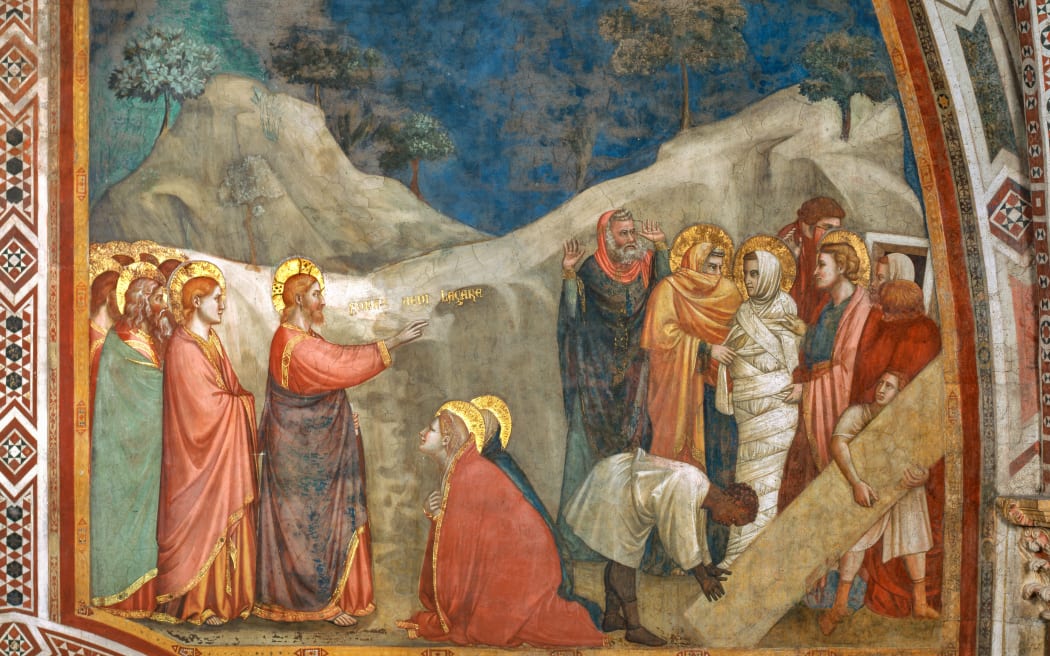 Assisi, the Lower Basilica of St. Francis, Chapel of the Magadalene, the western wall: Scenes from the life of the Magdalene, "The Raising of Lazarus".  The Chapel, dedicated to the Magadalene, was frescoed by Giotto and his workshop in 1307/08.