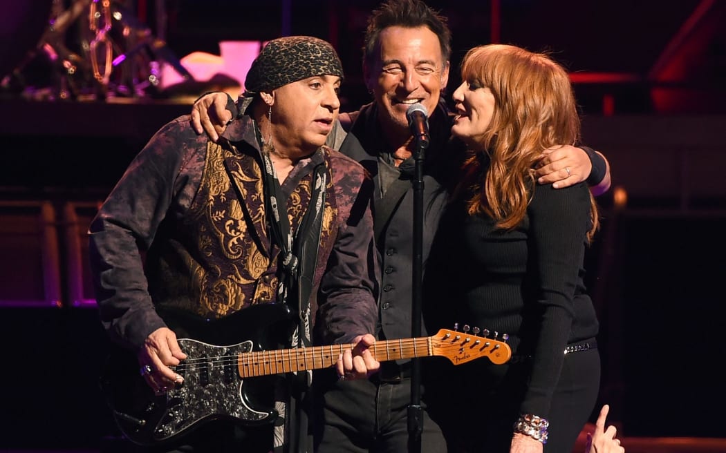 LOS ANGELES, CA - MARCH 15: (L-R) Musicians Stevie Van Zandt, Bruce Springsteen and Patti Scialfa of Bruce Springsteen and the E Street Band perform at the Los Angeles Sports Arena on March 15, 2016 i