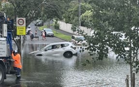 Kimberley Road, Epsom. Lots of cars have been caught in floodwaters and are waiting to be towed. 28 January, 2023