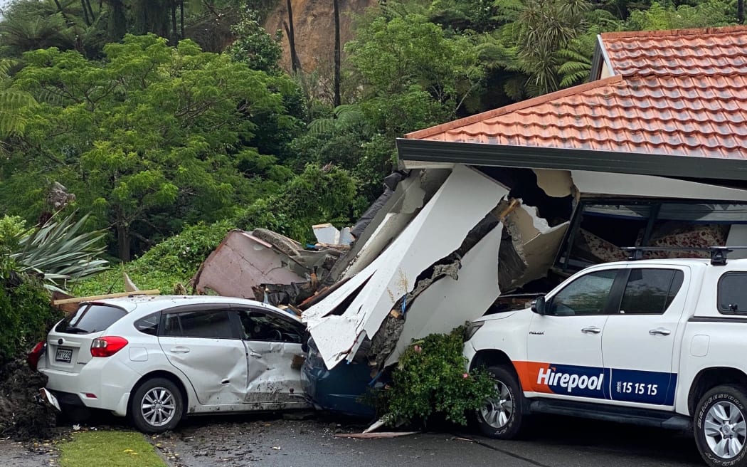 The scene where a house collapsed from a landslide in Tauranga's Egret Avenue.