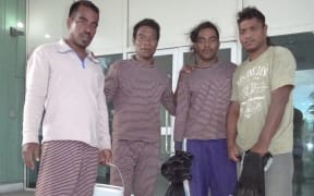 Kiribati drifters spent 26 days at sea before their rescue by Koo's 102 fishing boat on April 18. Photographed at Majuro hospital, from left Moamoa Kamwea, Tatika Ukenio, Bonibai Akau and Boiti Tetinauiko
