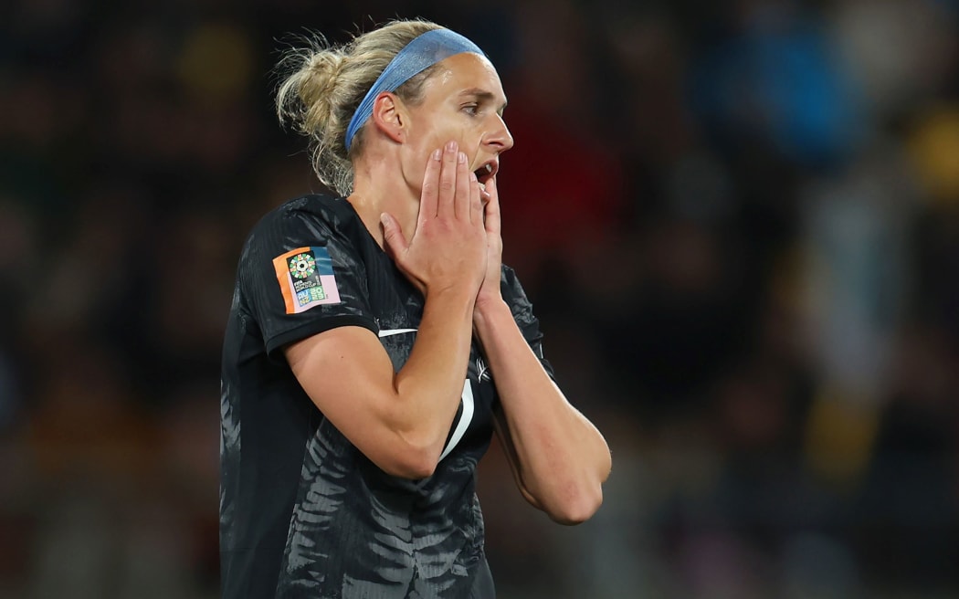 WELLINGTON, NEW ZEALAND - JULY 25: Hannah Wilkinson of New Zealand reacts during the Australia New Zealand 2023 FIFA Women's World Cup Group A match between New Zealand and the Philippines at Wellington Regional Stadium on July 25, 2023 in Wellington, New Zealand.  (Photo by Catherine Ivill/Getty Images)
