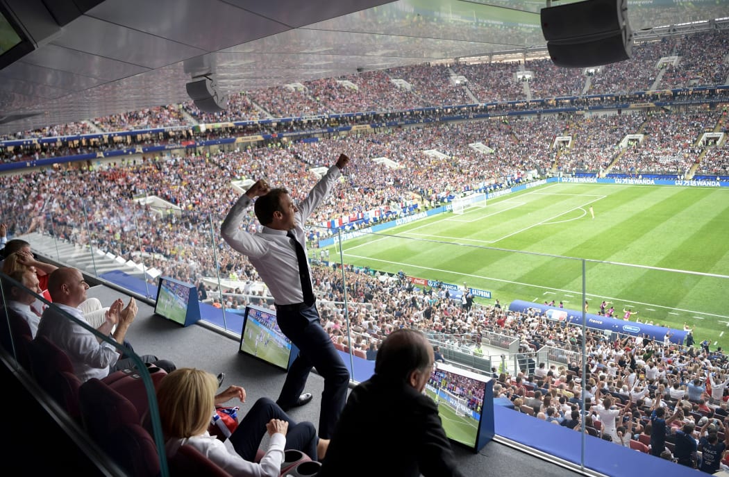 French President Emmanuel Macron reacts during the Russia 2018 World Cup final football match between France and Croatia.