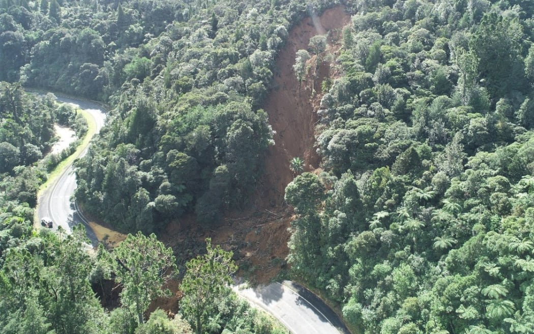 Waka Kotahi says a temporary track has been cut through this large slip at the southern end of Mangamuka Gorge.