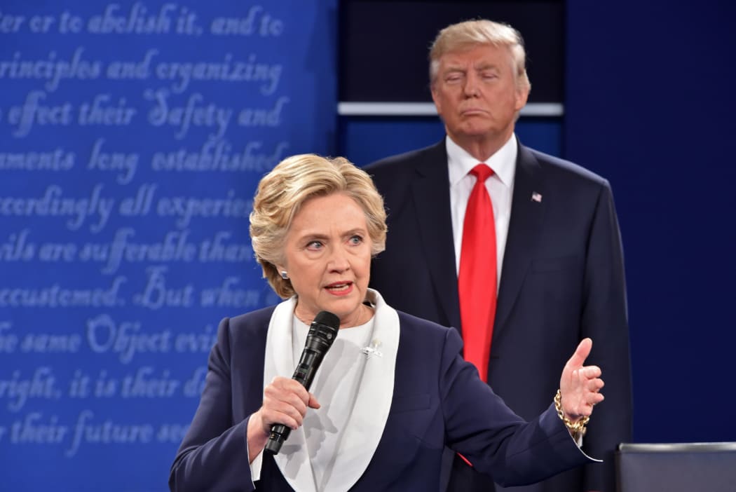 Hillary Clinton and Donald Trump on stage during the second debate of the presidential campaign, St. Louis, Missouri, 9 October 2016.