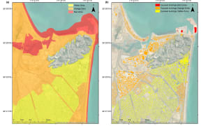 Tsunami evacuation zones and building exposure for Napier City (Hawke's Bay, North Island, NZ), showing (a) red, orange and yellow zones; and (b) buildings exposed in each zone.
