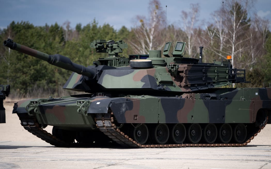 American Abrams tanks presented during the ceremony of signing the contract for the purchase of 250 Abrams tanks for the Polish Army in the 1st Warsaw Armored Brigade in Wesola near Warsaw, Poland on 5 April, 2022.