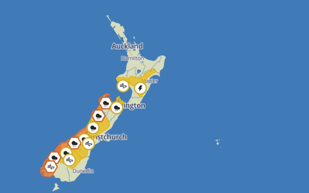 Heavy rain warning for parts of South Island, severe gales for