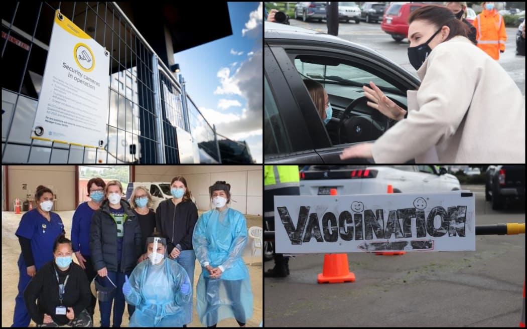 Clockwise, from top left: Grounded Kiwis group files legal action over the MIQ system; Prime Minister Jacinda Ardern visits Hastings to encourage people to vaccinate; A vaccination sign in Hastings; Covid-19 testers in Whangārei