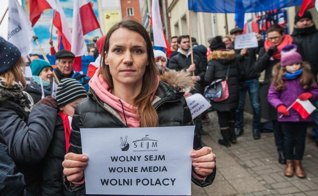 Parliament member Agnieszka Pomaska (Civic Platform - PO) attends a Committee for the Defence of Democracy (KOD) protest, outside the Law and Justice (PiS) ruling party offices in Gdansk, Poland on 17 December