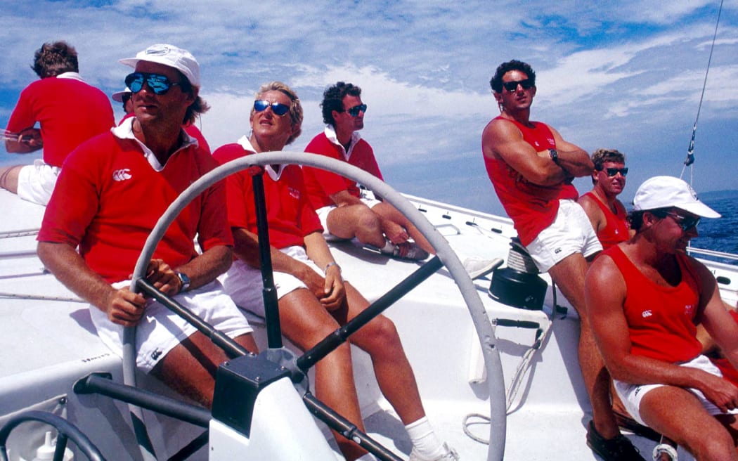 David Barnes and crew on board New Zealand challenger KZ1 in San Diego for the 1988 America's Cup 'Big Boat' challenge.