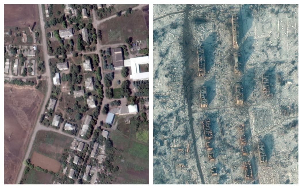 Soledar in Ukraine - before and after intense military conflict  - the destroyed schools and buildings in southern Soledar, near Bakhmut in eastern Ukraine.