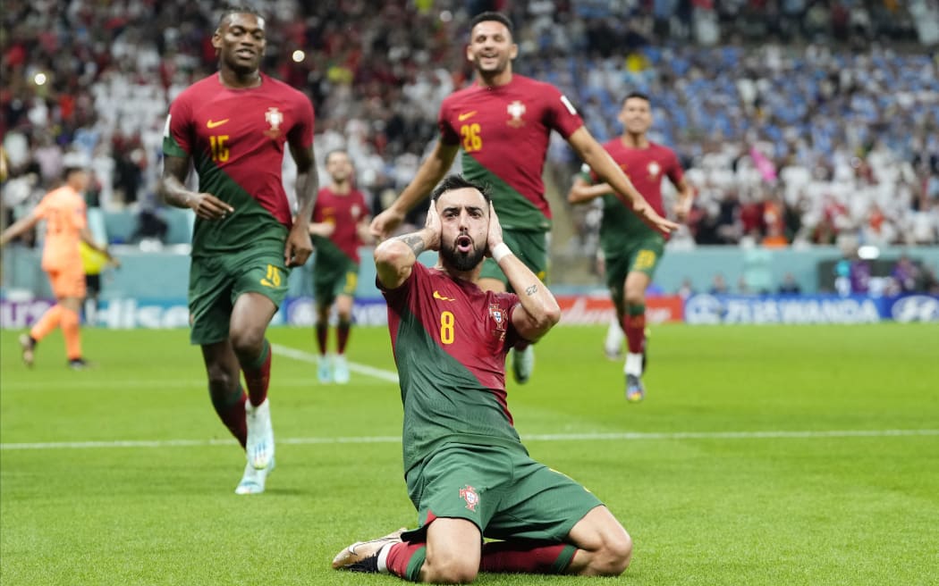 Bruno Fernandes attacking midfield of Portugal celebrates after scoring