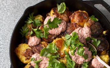 Al Brown's Smashed Griddle Potatoes with Black Olive Mayo & Fresh Herbs