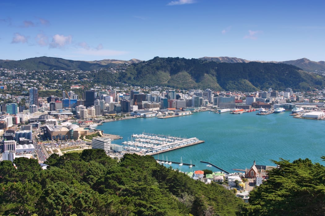 Wellington, New Zealand - city aerial view of marina and downtown skyscrapers.