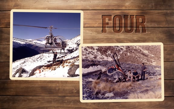 A timber wall reminiscent of a hunting hut has the word "four" stamped into it like a cattle brand. On the wall are two photos of helicopter deer hunters, on of a crashed helicopter