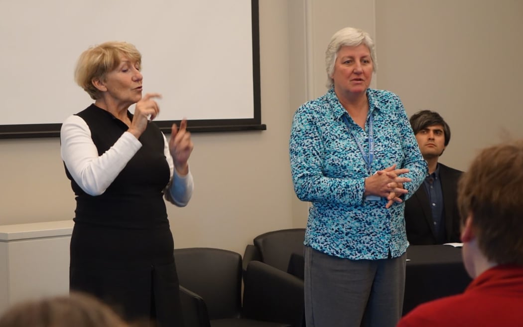 Southern DHB chief executive Carole Heatly, right, at the meeting last night with sign language interpreter Bridget Brown.