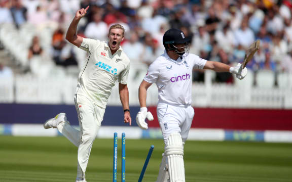 Kyle Jamieson of the New Zealand Blackcaps celebrates bowling out Jonny Bairstow of England during Day 3 of the 1st Test between the New Zealand Blackcaps and England at Lord’s Cricket Ground, London England on Saturday 4 June 2022.
New Zealand tour of England 2022.
 © Matthew Impey / www.photosport.nz