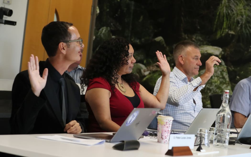 From left Peter-Lucas Jones, now deputy chair Tui Shortland and now chair Geoff Crawford vote to remove pre-meeting deputy chair Jack Craw from his position at Tuesday's meeting.