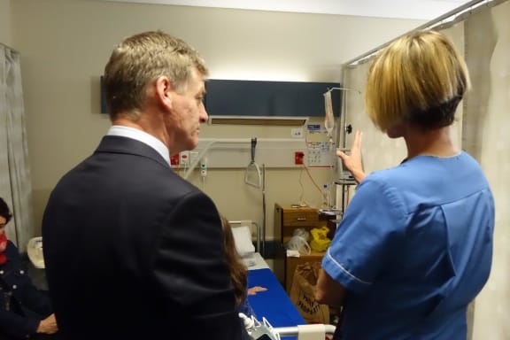 Bill English visiting a ward at Dunedin Hospital.