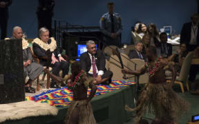 Fiji's Prime Minister Frank Bainmarama and United Nations Secretary General António Guterres take part in the Fijian Traditional Welcome Kava Ceremony to open the Ocean Conference June 5, 2017 at the United Nations in New York.