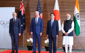 (L-R) Australian Prime Minister Anthony Albanese, U.S. President Joe Biden, Japanese Prime Minister Fumio Kishida and Indian Prime Minister Narendra Modi pose for photo before QUAD leaders meeting at the prime minister’s office in Tokyo on May 24, 2022. QUAD, Quadrilateral Security Dialogue, is a strategic security dialogue between Australia, India, Japan, and the United States that is maintained by talks between member countries.  ( The Yomiuri Shimbun ) (Photo by Masanori Genko / Yomiuri / The Yomiuri Shimbun via AFP)