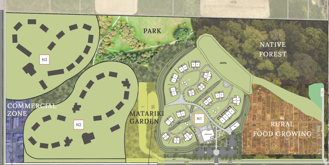 Te Hapori Hauora_Community Land Trust map showing how the 14.5 hectares will be developed.