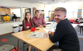 Secondary school teachers Prue Dreaver Stimpson, Nick Cox and Tim Atkins in the staffroom at Wellington East Girls' College.