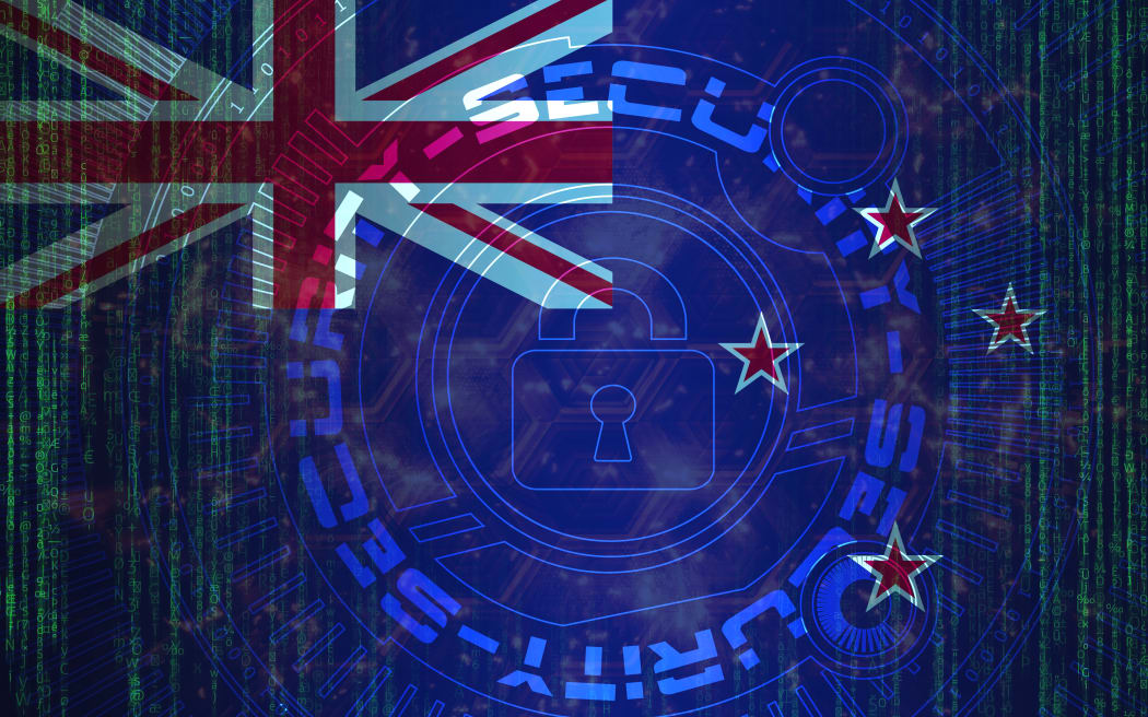 New Zealand national cyber security on digital background Data protection.  Security systems concept.  Lock symbol on dark flag background