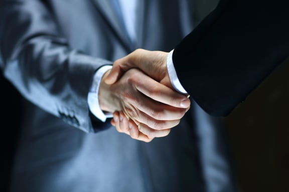 Two men in suits shake hands - close-up (file)