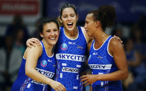 Northern Mystics players Nadia Loveday, Kayla Cullen and Serena Guthrie celebrate a win 2016.