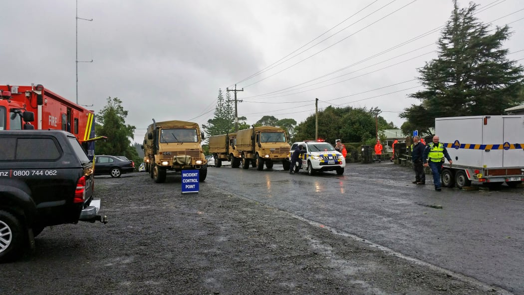 Army trucks at Hunua School, east Auckland. Flooding on 8 March 2017.
