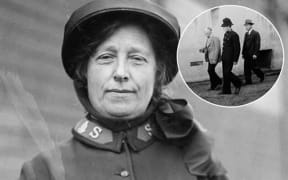 Annie Smyth, in Salvation Army uniform in the 1930s, was one of two sisters killed by Leo Hannan, inset, seen walking behind the Wellington Court with police officers after another killing in 1950.