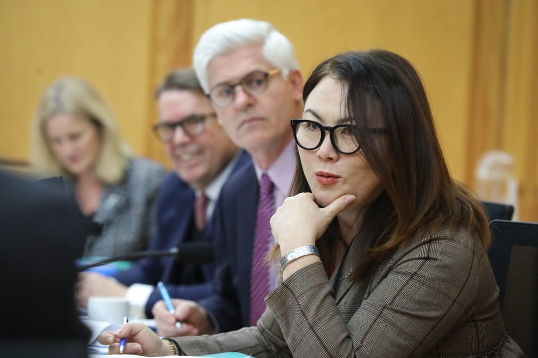 Melissa Lee is watched by her National collegues as she asks questions in committee