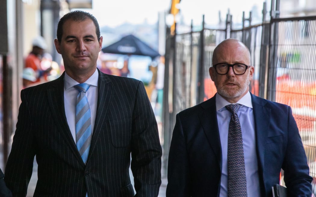 Jami-Lee Ross, left, arrives at Auckland District Court with lawyer Ron Mansfield.