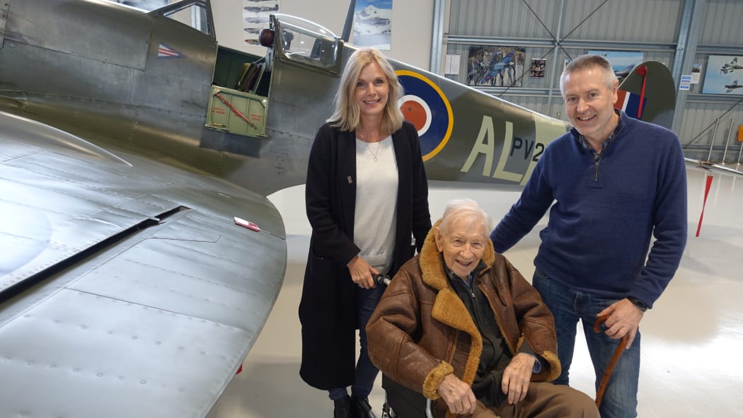 WWII Spitfire pilot Maurice Mayston and son Richard with producer Jude Dobson. August 2019