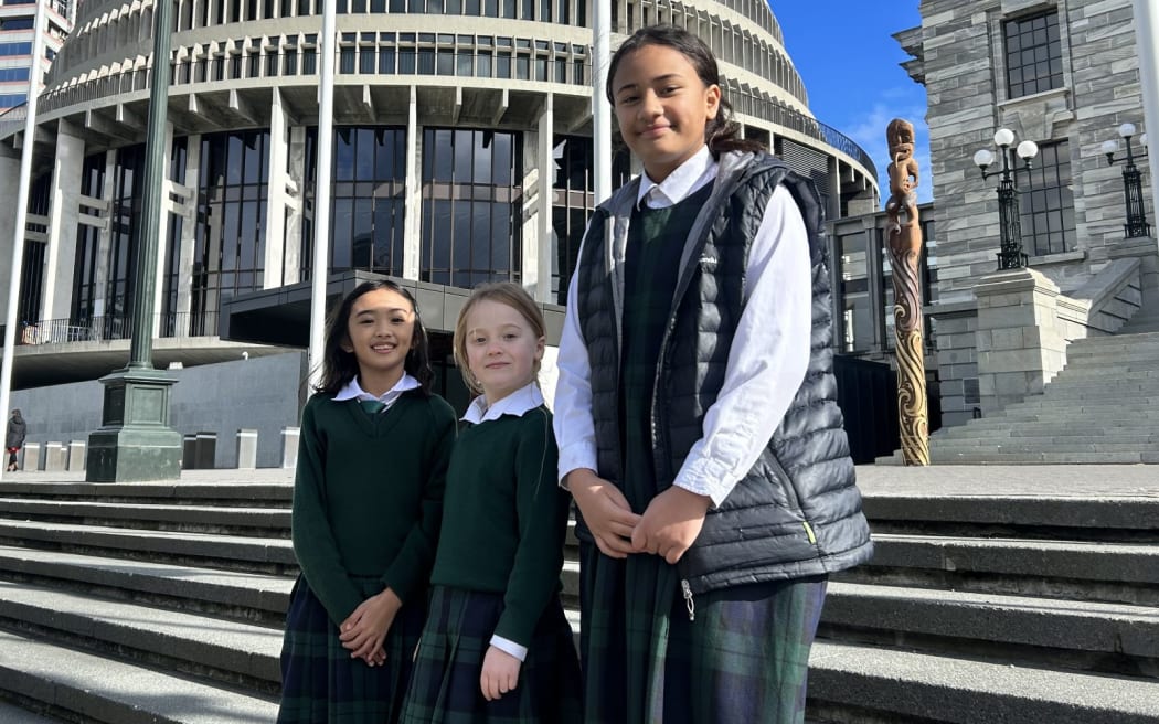 Des enfants sur les marches de la Chambre disent aux politiciens à quel point ils sont préoccupés par le changement climatique.