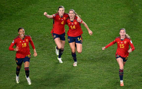 Spain players celebrate a goal by Spain’s Olga Carmona. Spain v Sweden, 2023 FIFA Women’s Football World Cup semi final match at Eden Park.