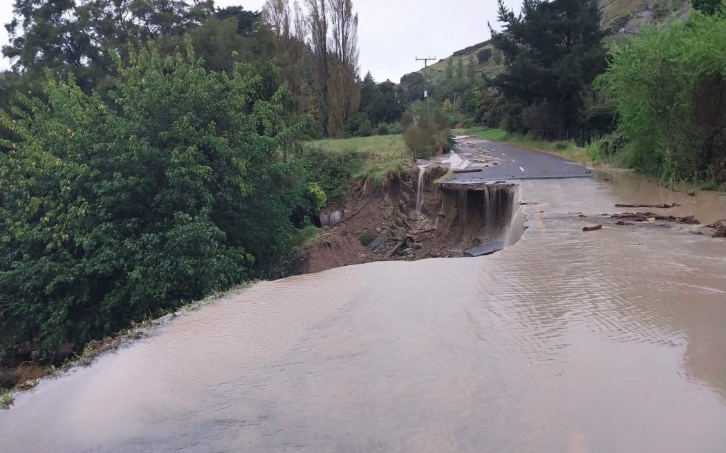 A damaged road in Dartmoor, north-west of Napier after Cyclone Gabrielle.