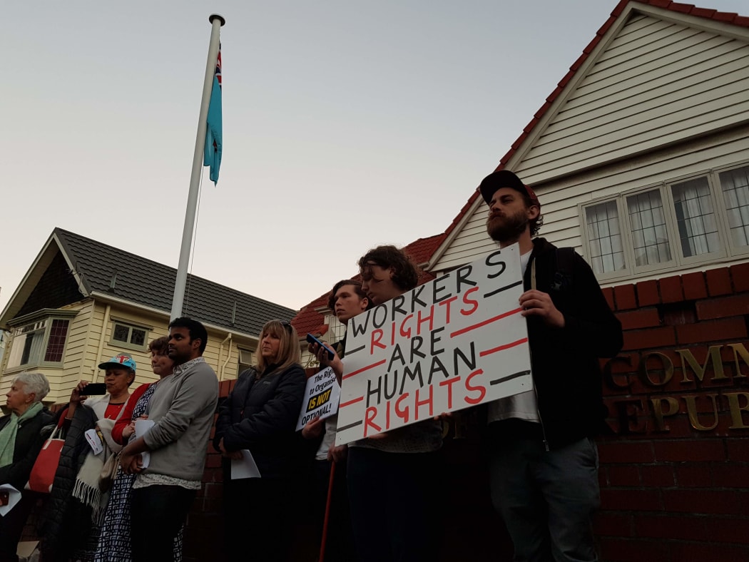 Protesters gather outside Fiji's High Commission in Wellington to show solidarity with their Fiji counterparts.