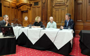 Colin Peacock speaking to Sinead Boucher, Brent Edwards and Bernard Hickey