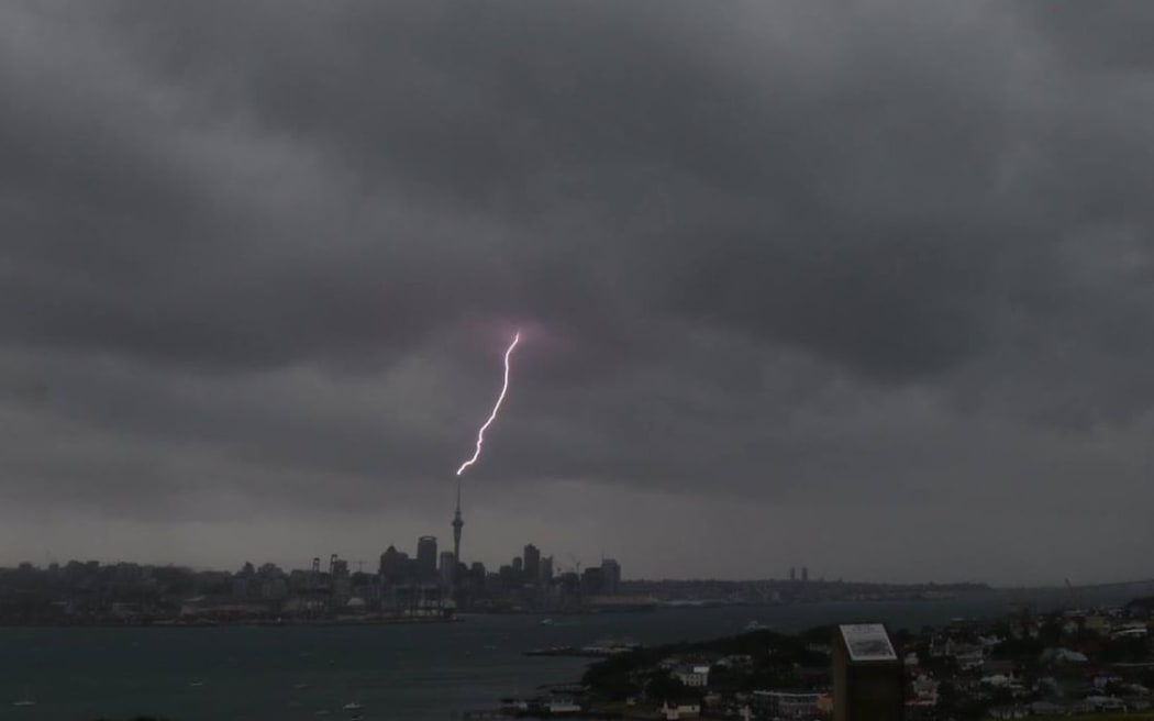 Auckland's Sky Tower was hit by lightning just before midday today.