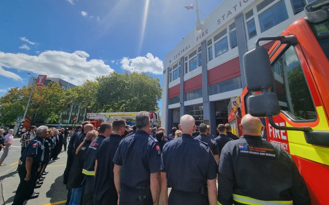Auckland central fire station lowers flag in remembrance of Craig Stevens and Dave van Zwanenberg.